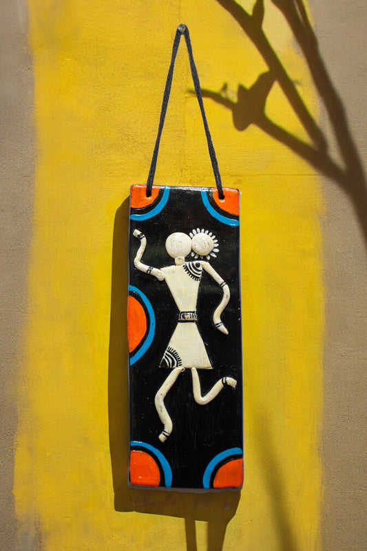 Handmade and Hand Painted Clay Art Wall Hanging (6 inch x 2 inch) (BLACK)