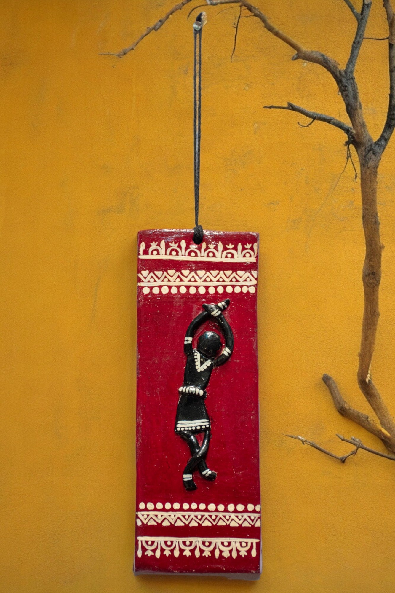 Handmade and Hand Painted Clay Art Wall Hanging (6 inch x 2 inch) (MAROON)
