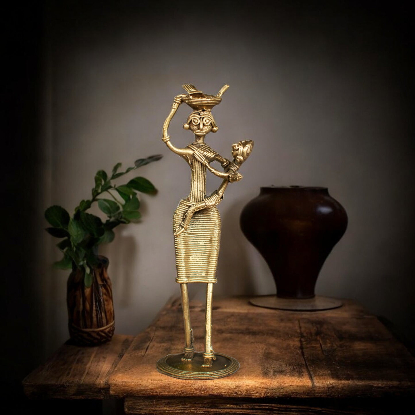 Dhokra Art Brass Metal Woman with Baby and Fish Basket for Home Decor || D85