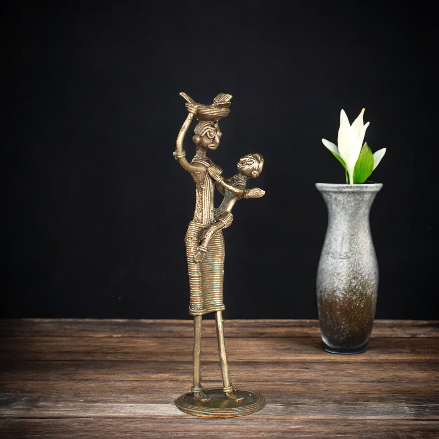 Dhokra Art Brass Metal Woman with Baby and Fish Basket for Home Decor || D85