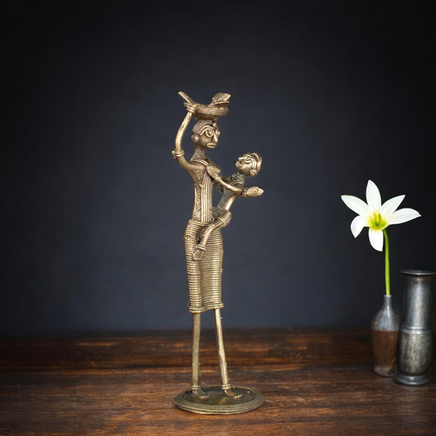 Dhokra Art Brass Metal Woman with Baby and Fish Basket for Home Decor || D85