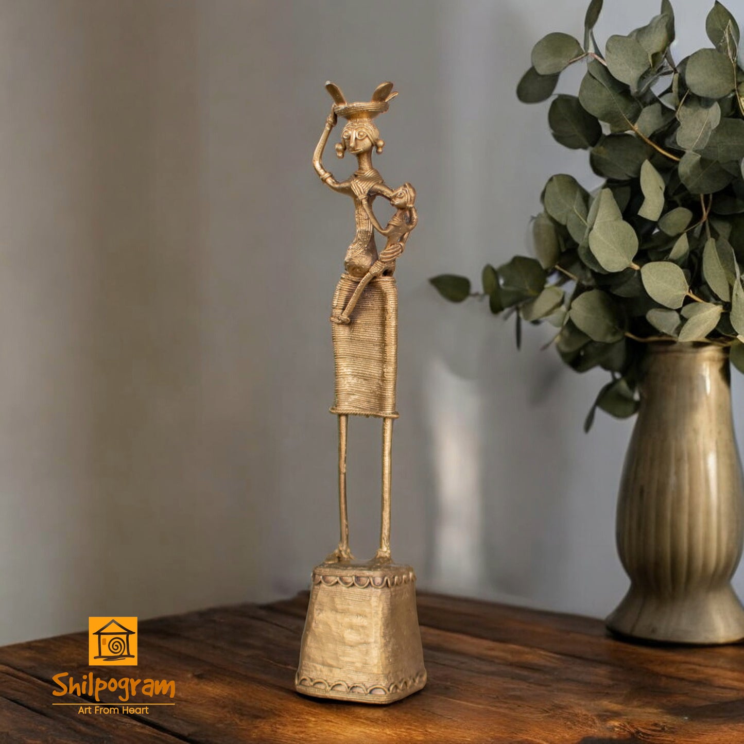 Dhokra Art Brass Metal Woman with Baby and Fish Basket for Home Decor || D92