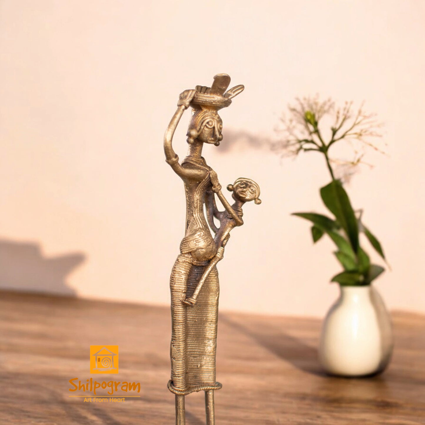 Dhokra Art Brass Metal Woman with Baby and Fish Basket for Home Decor || D92