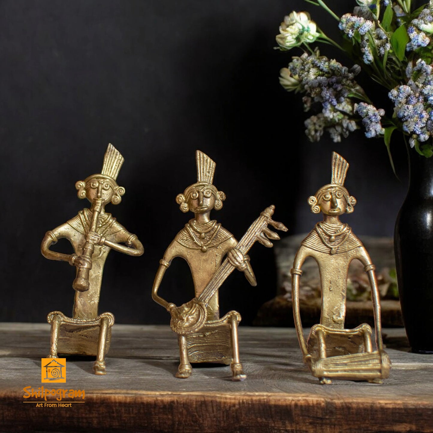 Dhokra Brass Metal Tribal Art Musician (Set of 3) (4 inch x 2.5 inch x 1.5 inch) Decorative Showpiece || D144