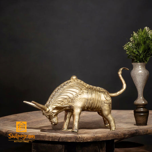 Dhokra Art Brass Metal Craft Fighting Bull Decorative Showpiece || D169 (H x W x L)= 3.5 inch x 2 inch x 6.5 inch (1 Piece)