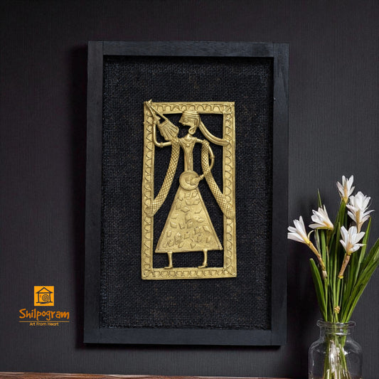 Dhokra Art Brass Metal Baul in Black Wooden Frame Decorative Showpiece || D59