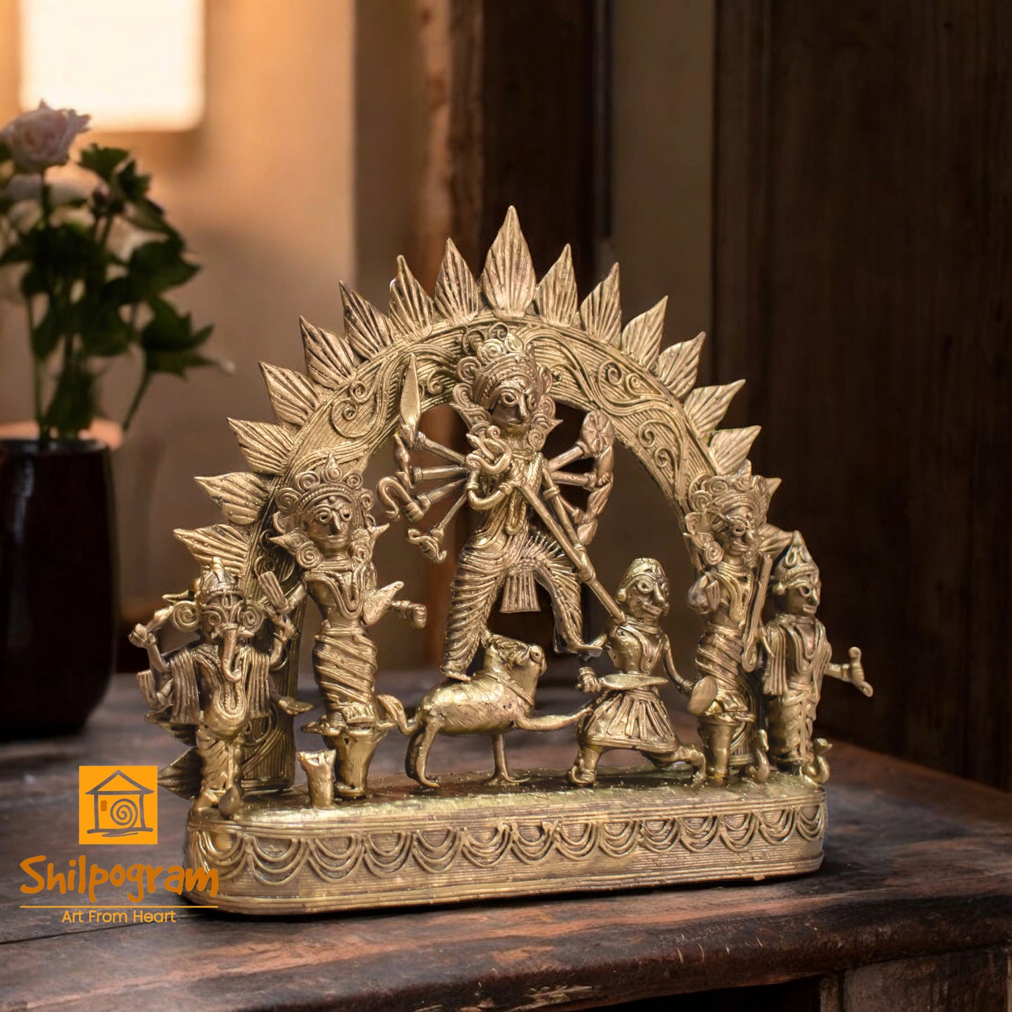 Dhokra Art Brass Metal Craft Devi Durga || (H x W x L)= 7.5 inch x 2.5 inch x 9 inch || D172
