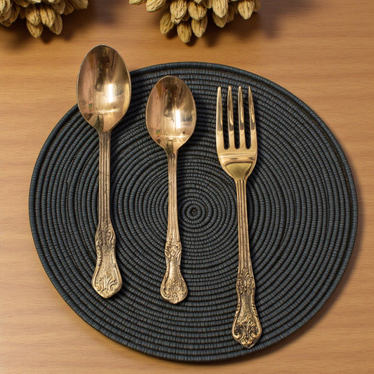 Brass Cutlery Set Tableware (Set of 3) One 7 inch desert spoon, one 6 inch table spoon, one 7 inch fork DINSPN003