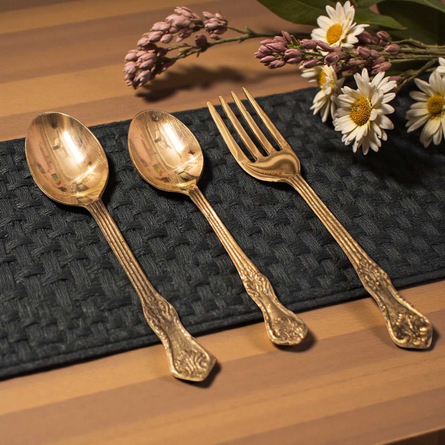 Brass Cutlery Set Tableware (Set of 3) One 7 inch desert spoon, one 6 inch table spoon, one 7 inch fork DINSPN003