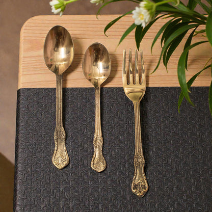 Brass Cutlery Set Tableware (Set of 3) One 7 inch desert spoon, one 6 inch table spoon, one 7 inch fork DINSPN003