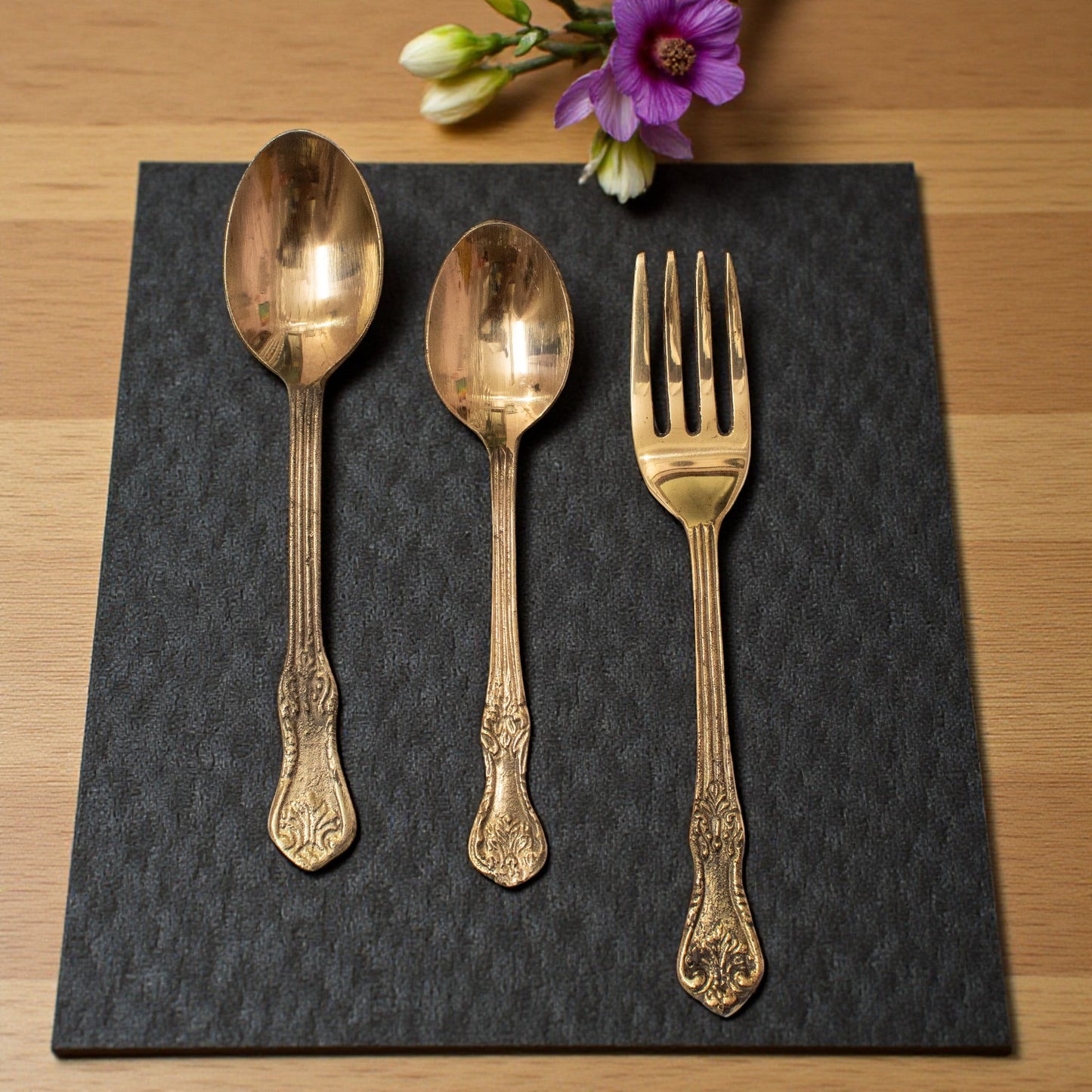 Brass Cutlery Set Tableware (Set of 3) One 7 inch desert spoon, one 6 inch table spoon, one 7 inch fork DINSPN003