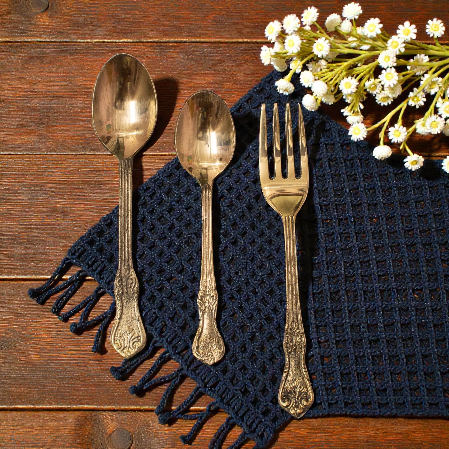 Brass Cutlery Set Tableware (Set of 3) One 7 inch desert spoon, one 6 inch table spoon, one 7 inch fork DINSPN003