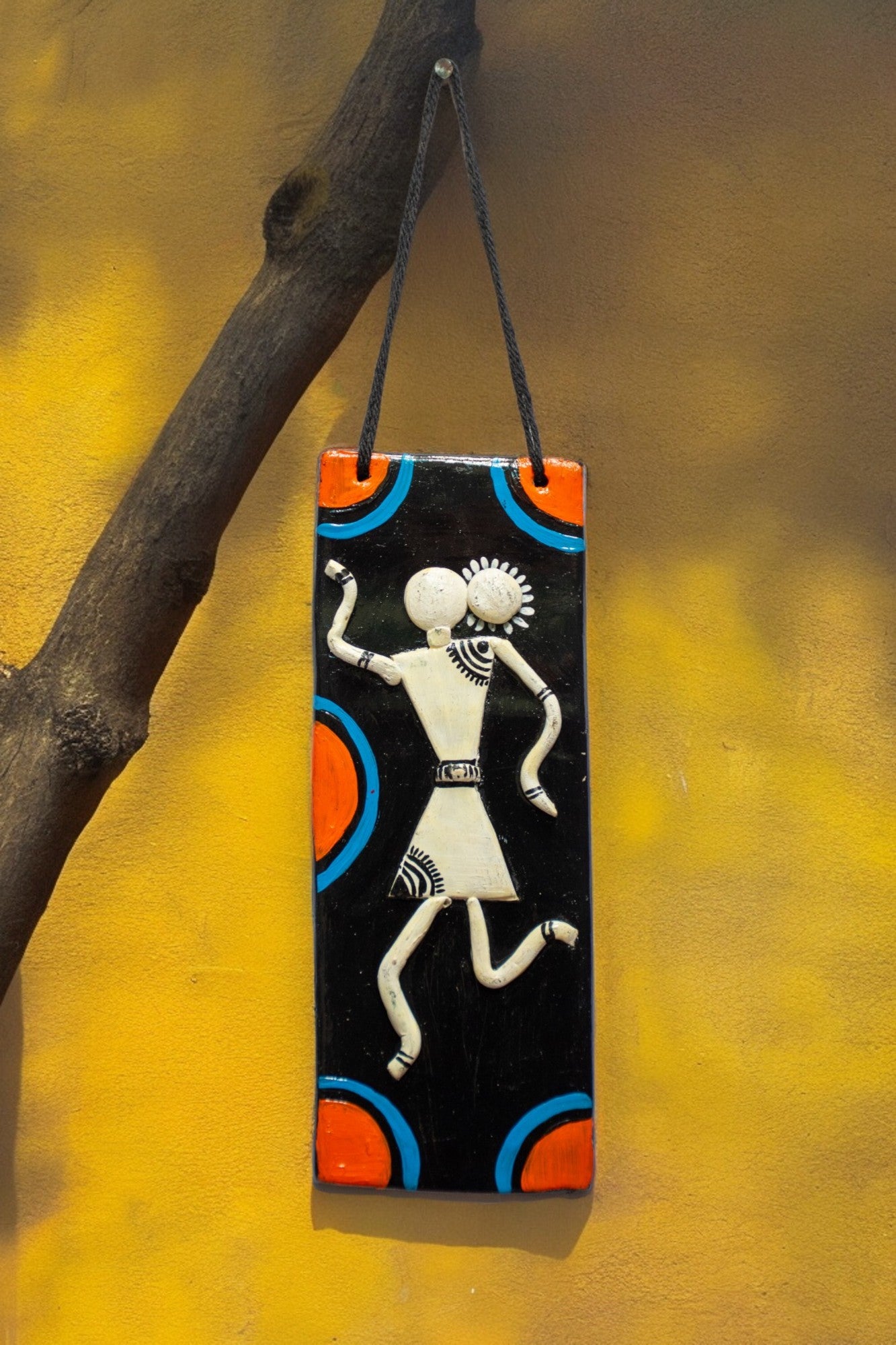Handmade and Hand Painted Clay Art Wall Hanging (6 inch x 2 inch) (BLACK)