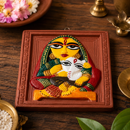 Jamini Roy Inspired Terracotta Bankura Wall Tile | Hand-Painted Bengal Folk Art Wall Décor T009 (6 inch x 6 inch)