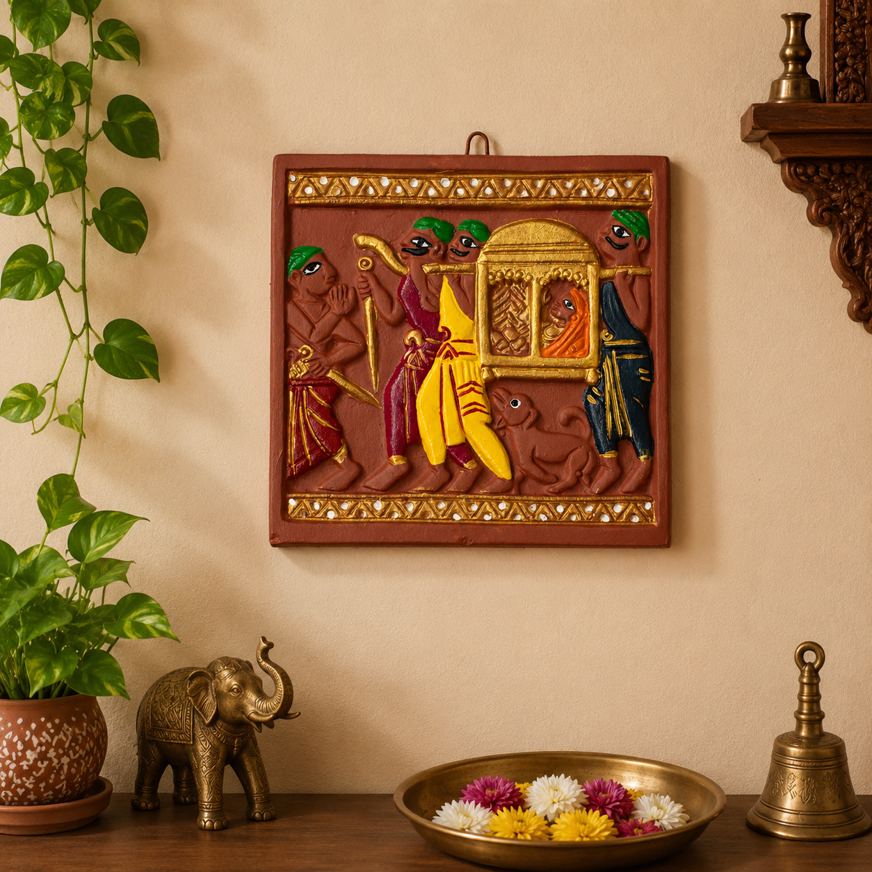 Jamini Roy Inspired Terracotta Bankura Wall Tile | Hand-Painted Bengal Folk Art Wall Décor T10 (6 inch x 6 inch)