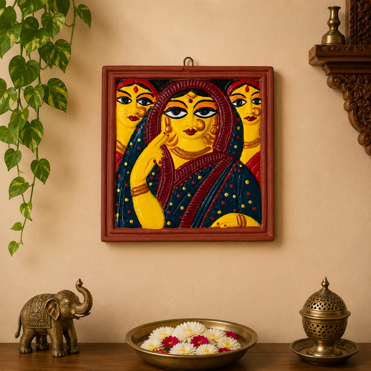 Jamini Roy Inspired Terracotta Bankura Wall Tile | Hand-Painted Bengal Folk Art Wall Décor T008 (6 inch x 6 inch)