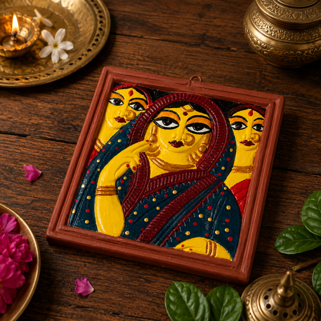 Jamini Roy Inspired Terracotta Bankura Wall Tile | Hand-Painted Bengal Folk Art Wall Décor T008 (6 inch x 6 inch)