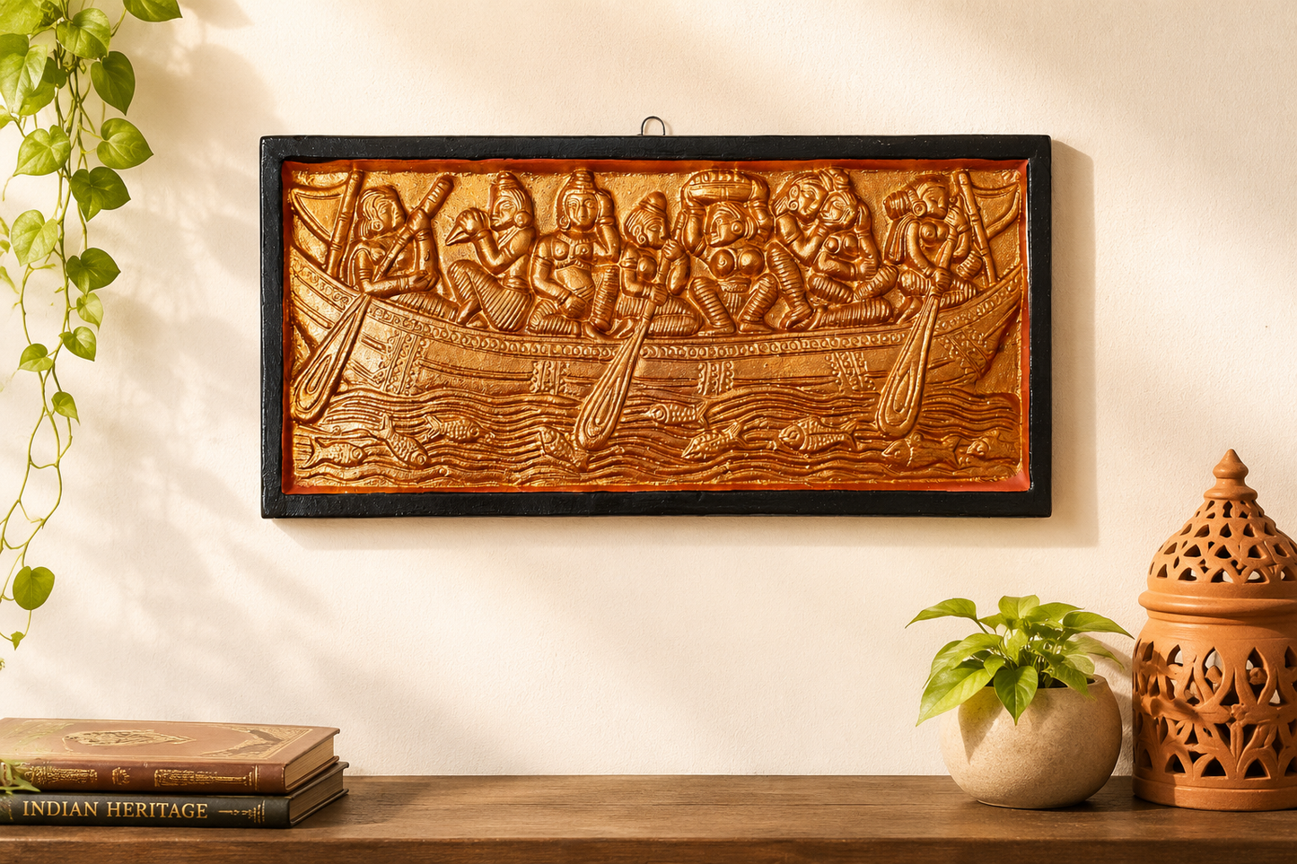 Handmade Terracotta Bankura Wall Hanging Tile in Black & Bronze color| Traditional Indian Wall Décor | T20 | 10 x 5 Inch