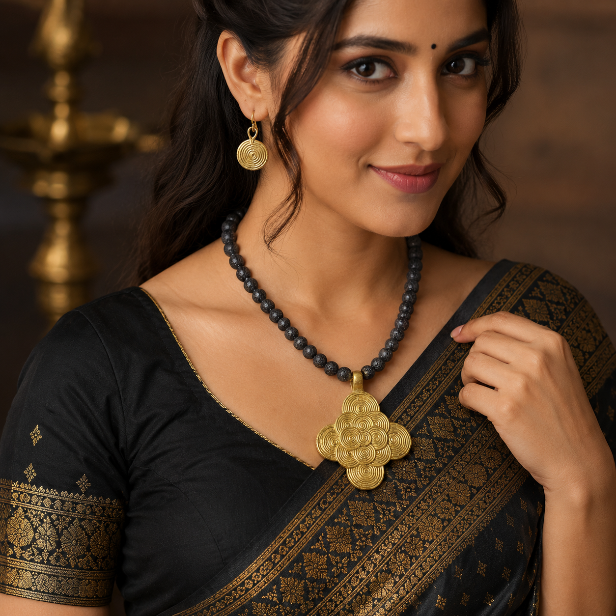 Dhokra Art Brass Metal Jewellery with Natural Lava beads for Women D86