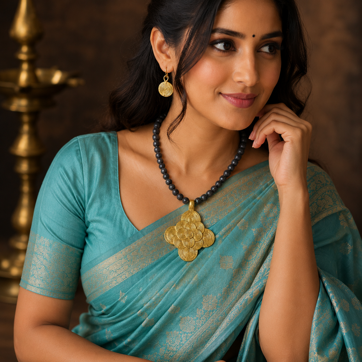 Dhokra Art Brass Metal Jewellery with Natural Lava beads for Women D86