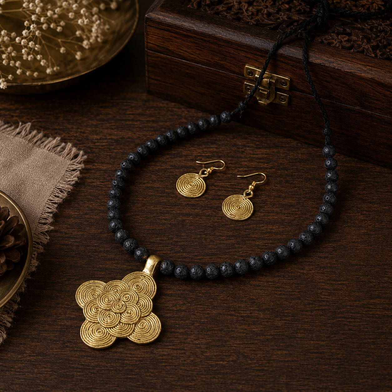 Dhokra Art Brass Metal Jewellery with Natural Lava beads for Women D86