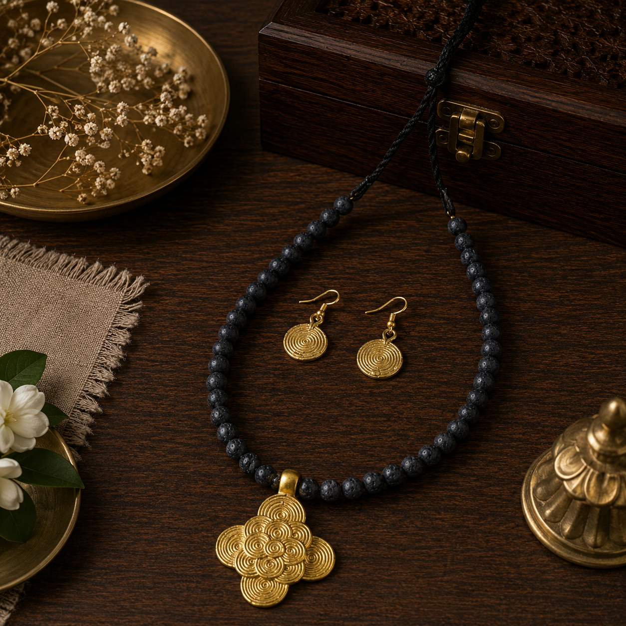 Dhokra Art Brass Metal Jewellery with Natural Lava beads for Women D86