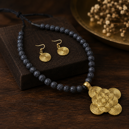 Dhokra Art Brass Metal Jewellery with Natural Lava beads for Women D86