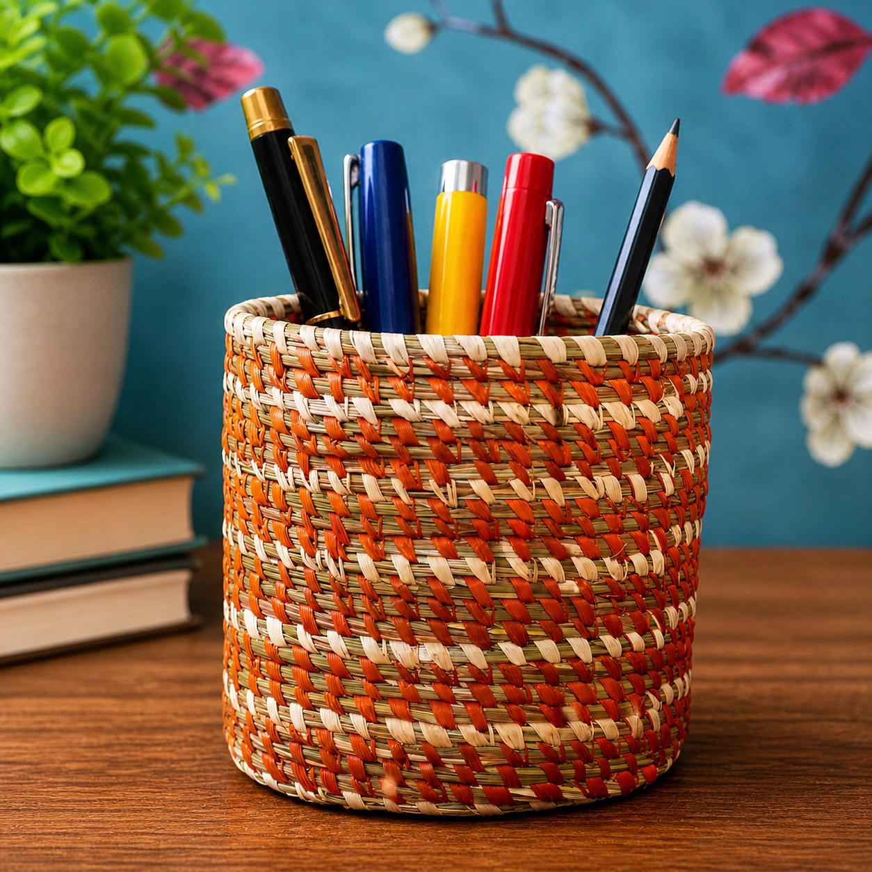 Handcrafted Sabai Grass AZO-Free Dyed 100% Natural Utility Box / Pen Stand (H x L x B = 4 inch x 4 inch x 4 inch)