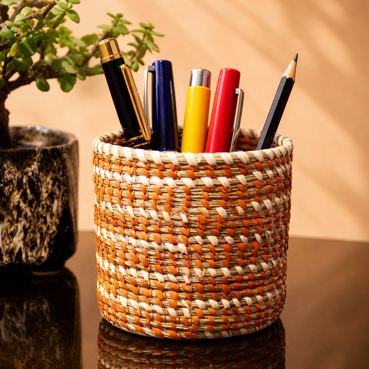 Handcrafted Sabai Grass AZO-Free Dyed 100% Natural Utility Box / Pen Stand (H x L x B = 4 inch x 4 inch x 4 inch)