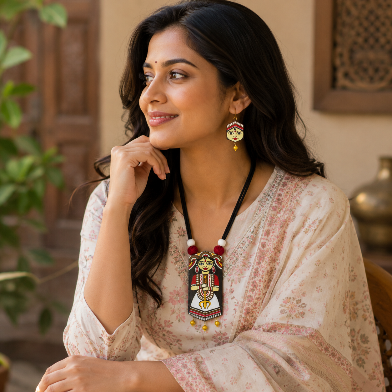 Handcrafted Terracotta Devi Durga Jewellery Set for Women | Indian Traditional Clay Necklace & Earrings | Ethnic Fashion Jewellery | TRN179