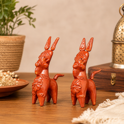 Terracotta Bankura Horse Set of 2 – Handmade Traditional Bengali Decorative Showpiece for Home & Office Décor | 6 x 2 x 3 Inch