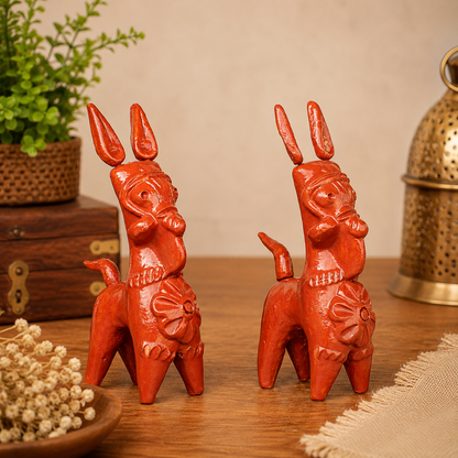 Terracotta Bankura Horse Set of 2 – Handmade Traditional Bengali Decorative Showpiece for Home & Office Décor | 6 x 2 x 3 Inch
