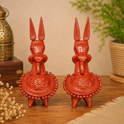Terracotta Kathakali Bankura Horse Set of 2 – Handmade Traditional Bengali Decorative Showpiece for Home & Office Décor | T001 | 8 x 5 x 4 Inch