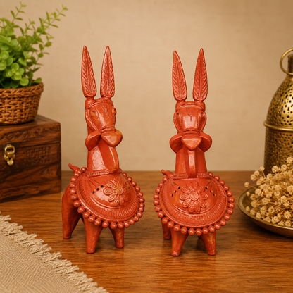 Terracotta Kathakali Bankura Horse Set of 2 – Handmade Traditional Bengali Decorative Showpiece for Home & Office Décor | T001 | 8 x 5 x 4 Inch