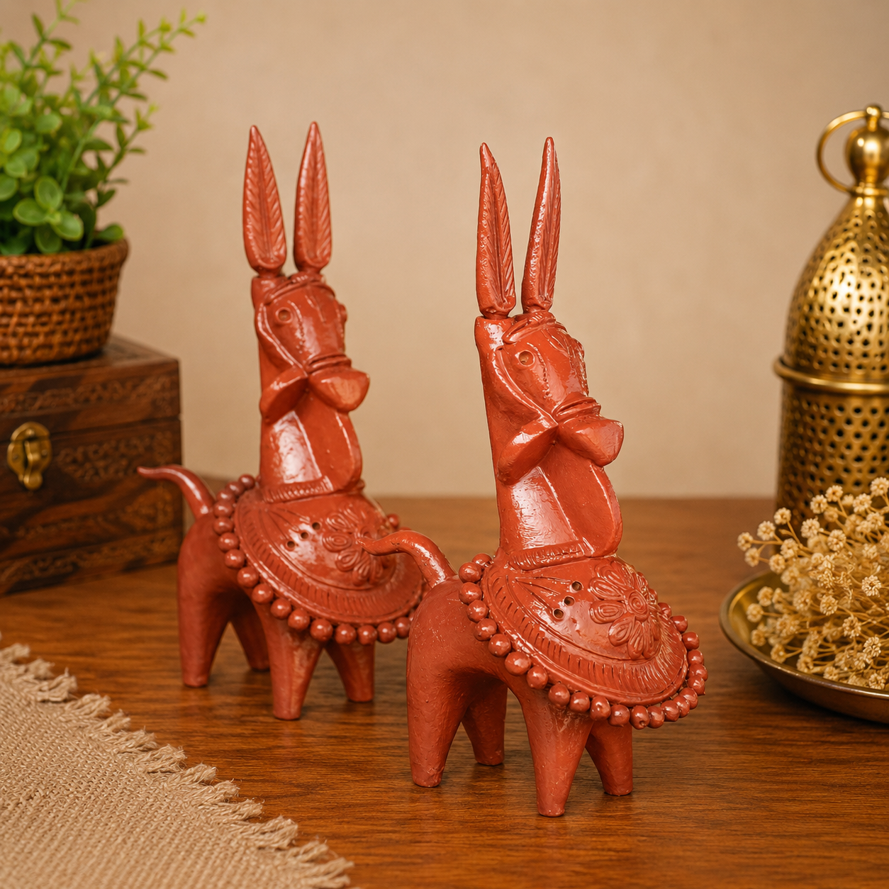 Terracotta Kathakali Bankura Horse Set of 2 – Handmade Traditional Bengali Decorative Showpiece for Home & Office Décor | T001 | 8 x 5 x 4 Inch