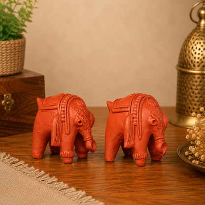 Terracotta Bankura Elephant Set of 2 – Handmade Traditional Bengali Decorative Showpiece for Home & Office Décor | T005 | 3 x 3 x 3 Inch