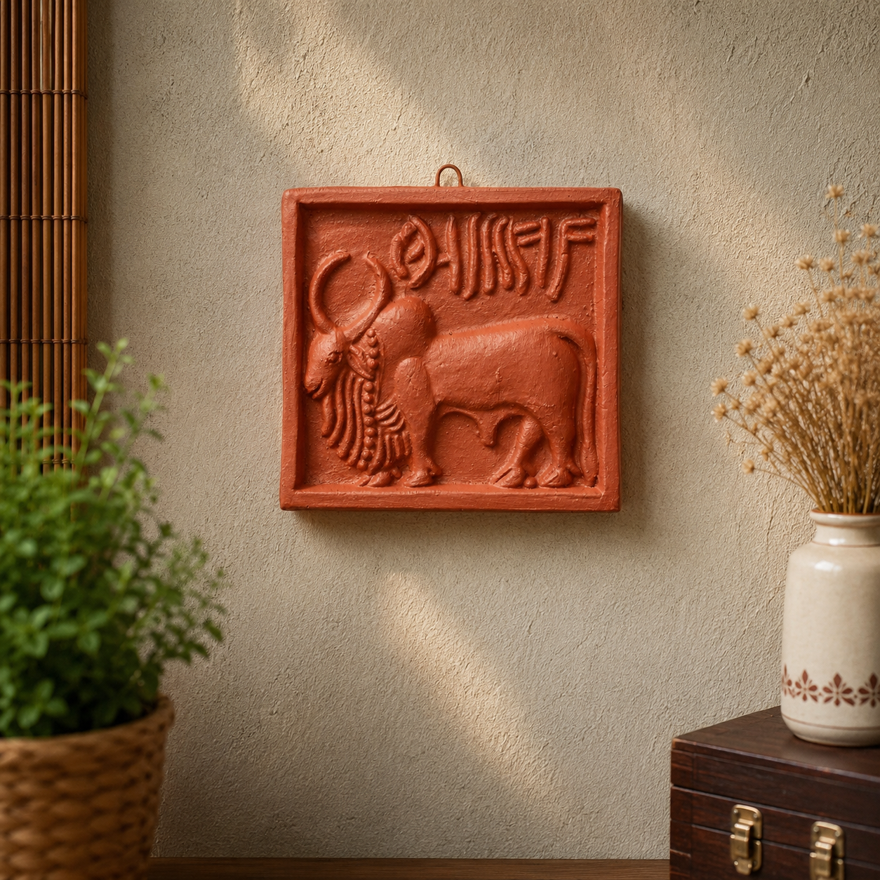 Terracotta Harappan Wall Hanging Art Tiles | Indus Valley Bull & Unicorn Motif | Handmade Decorative Wall Plaques (4 x 4 Inch)