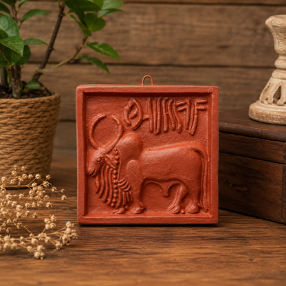 Terracotta Harappan Wall Hanging Art Tiles | Indus Valley Bull & Unicorn Motif | Handmade Decorative Wall Plaques (4 x 4 Inch)