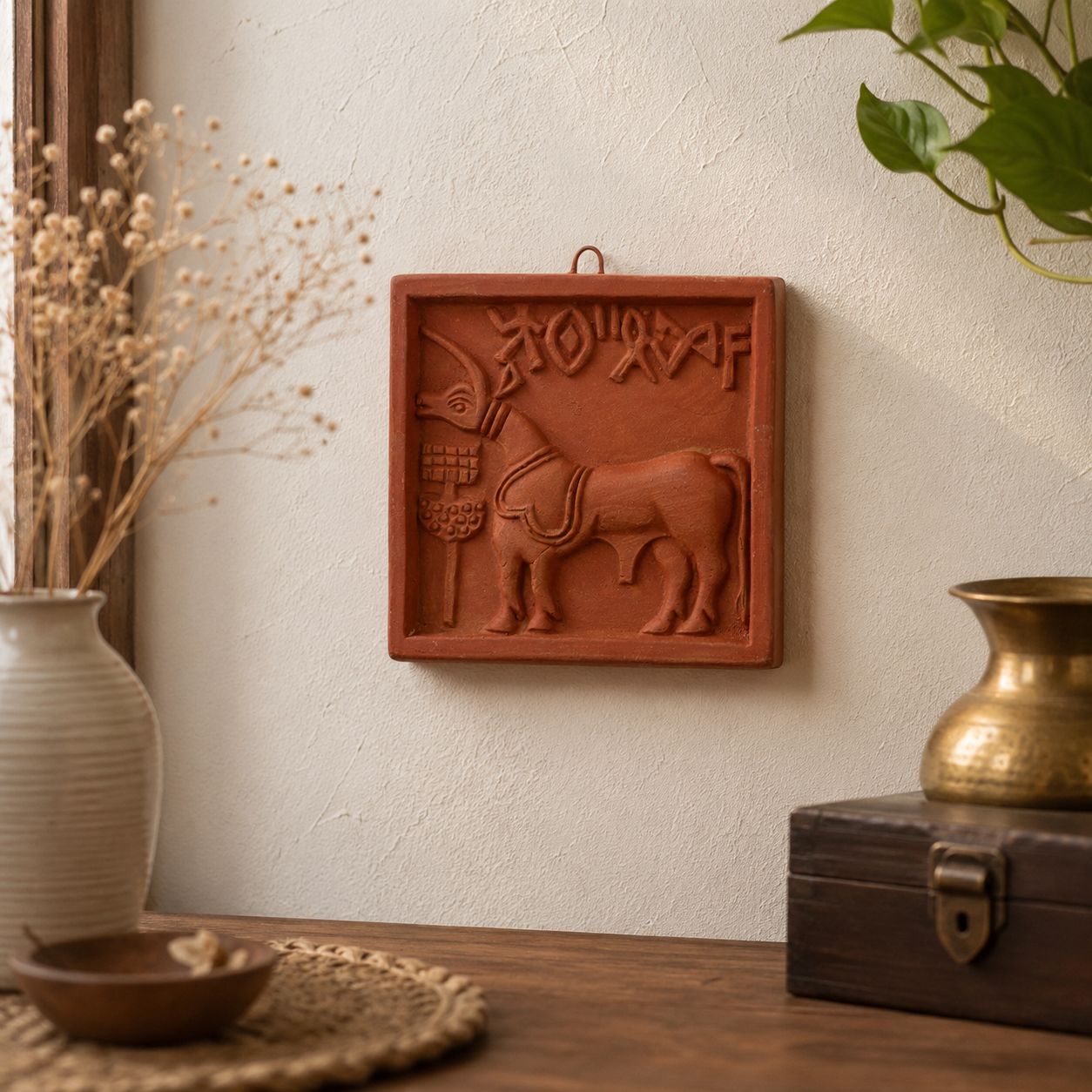 Terracotta Harappan Wall Hanging Art Tiles | Indus Valley Bull & Unicorn Motif | Handmade Decorative Wall Plaques (4 x 4 Inch)