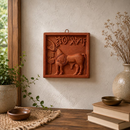 Terracotta Harappan Wall Hanging Art Tiles | Indus Valley Bull & Unicorn Motif | Handmade Decorative Wall Plaques (4 x 4 Inch)