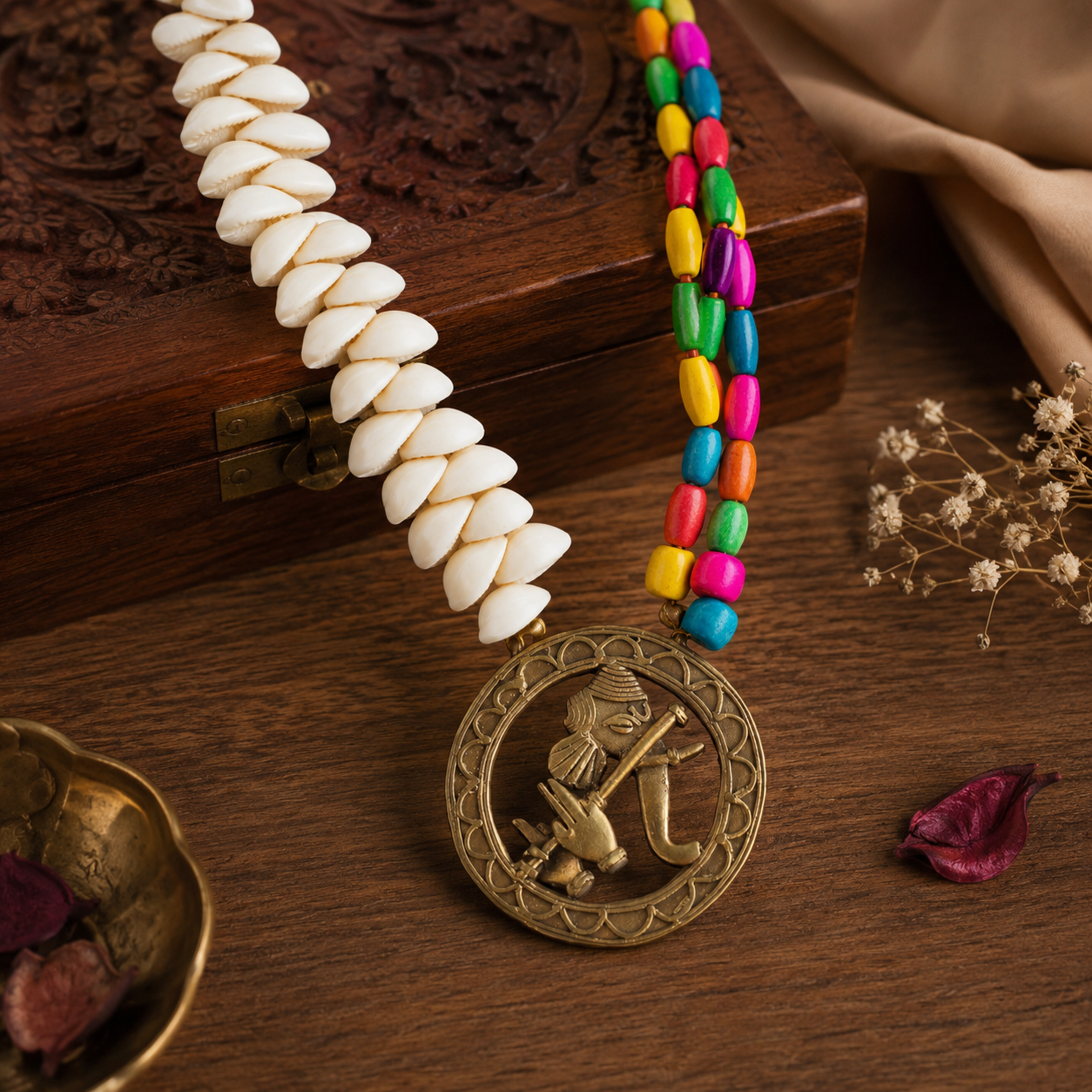 Dhokra Art Brass Metal Jewellery Set for Women Ganesh Multicolor Wooden Beads and Kori DN27