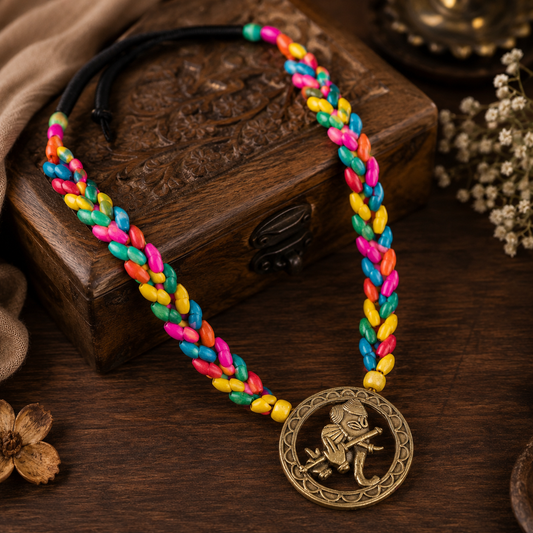Dhokra Art Brass Metal Jewellery Set for Women Ganesh Multicolor Wooden Beads DN21