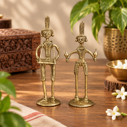 SHILPOGRAM Dhokra Brass Tribal Musician Set of 2 | Handmade Decorative Showpiece for Home, Office & Desk Decor | D24