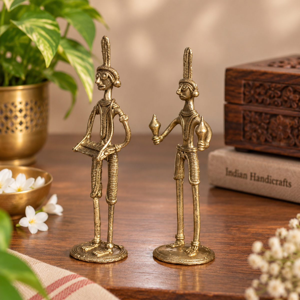 SHILPOGRAM Dhokra Brass Tribal Musician Set of 2 | Handmade Decorative Showpiece for Home, Office & Desk Decor | D24