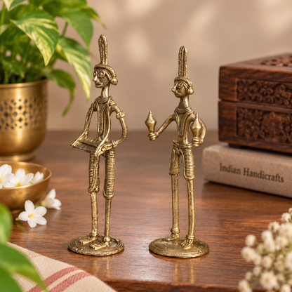 SHILPOGRAM Dhokra Brass Tribal Musician Set of 2 | Handmade Decorative Showpiece for Home, Office & Desk Decor | D24
