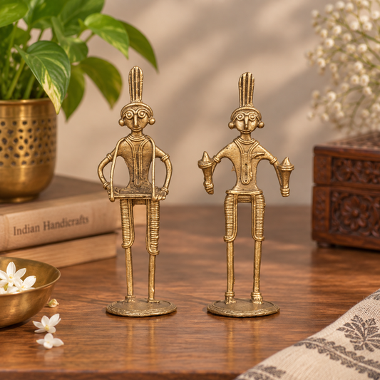 SHILPOGRAM Dhokra Brass Tribal Musician Set of 2 | Handmade Decorative Showpiece for Home, Office & Desk Decor | D24