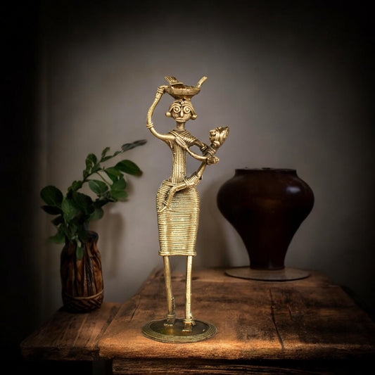 Dhokra Art Brass Metal Woman with Baby and Fish Basket for Home Decor || D85