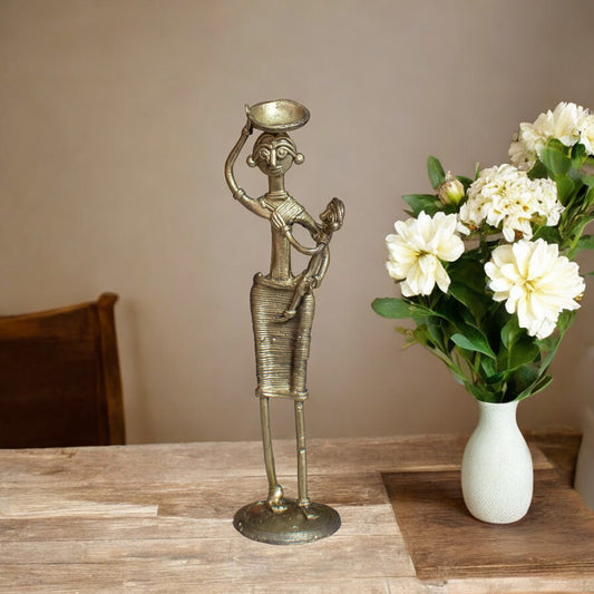Dhokra Art Brass Metal Woman with Baby and Basket for Home Decor || D89
