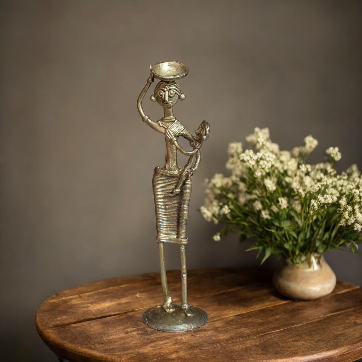 Dhokra Art Brass Metal Woman with Baby and Basket for Home Decor || D89