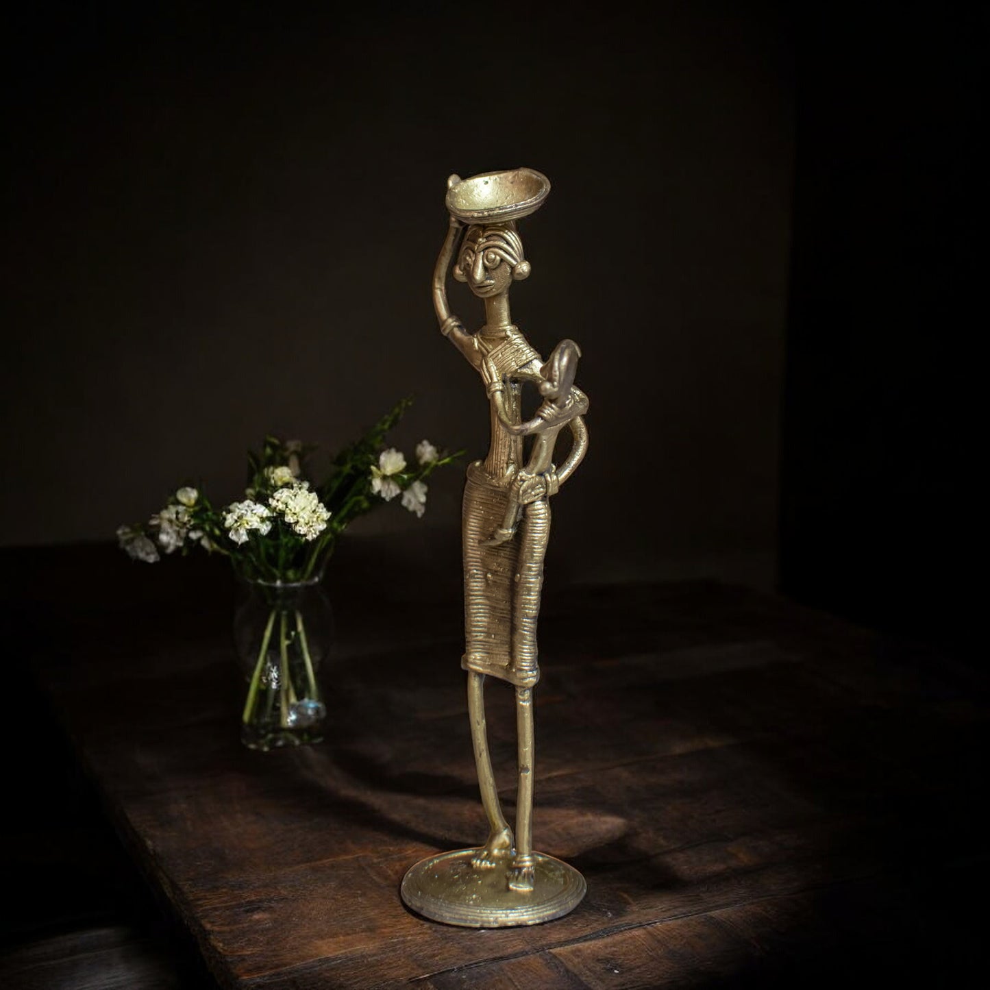 Dhokra Art Brass Metal Woman with Baby and Basket for Home Decor || D89